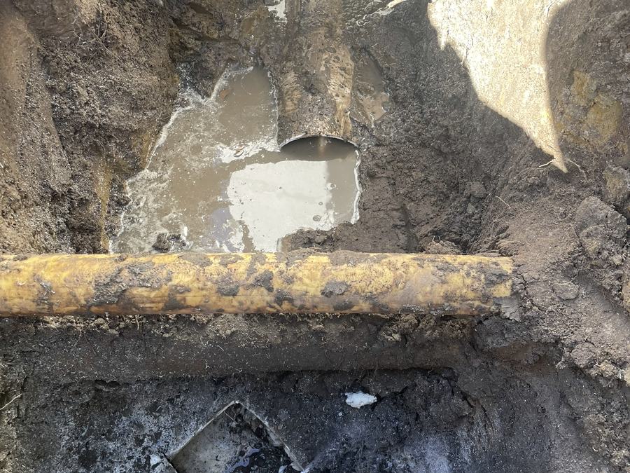 Collapsed and root-blocked stormwater drain exposed in a flooded trench